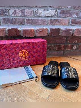 Tory Burch Perfect Black Leather Double T Sport Slide Sandals
